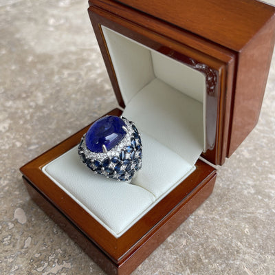 18CT White Gold Tanzanite, Sapphire and Diamond Ring
