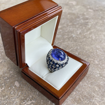 18CT White Gold Tanzanite, Sapphire and Diamond Ring
