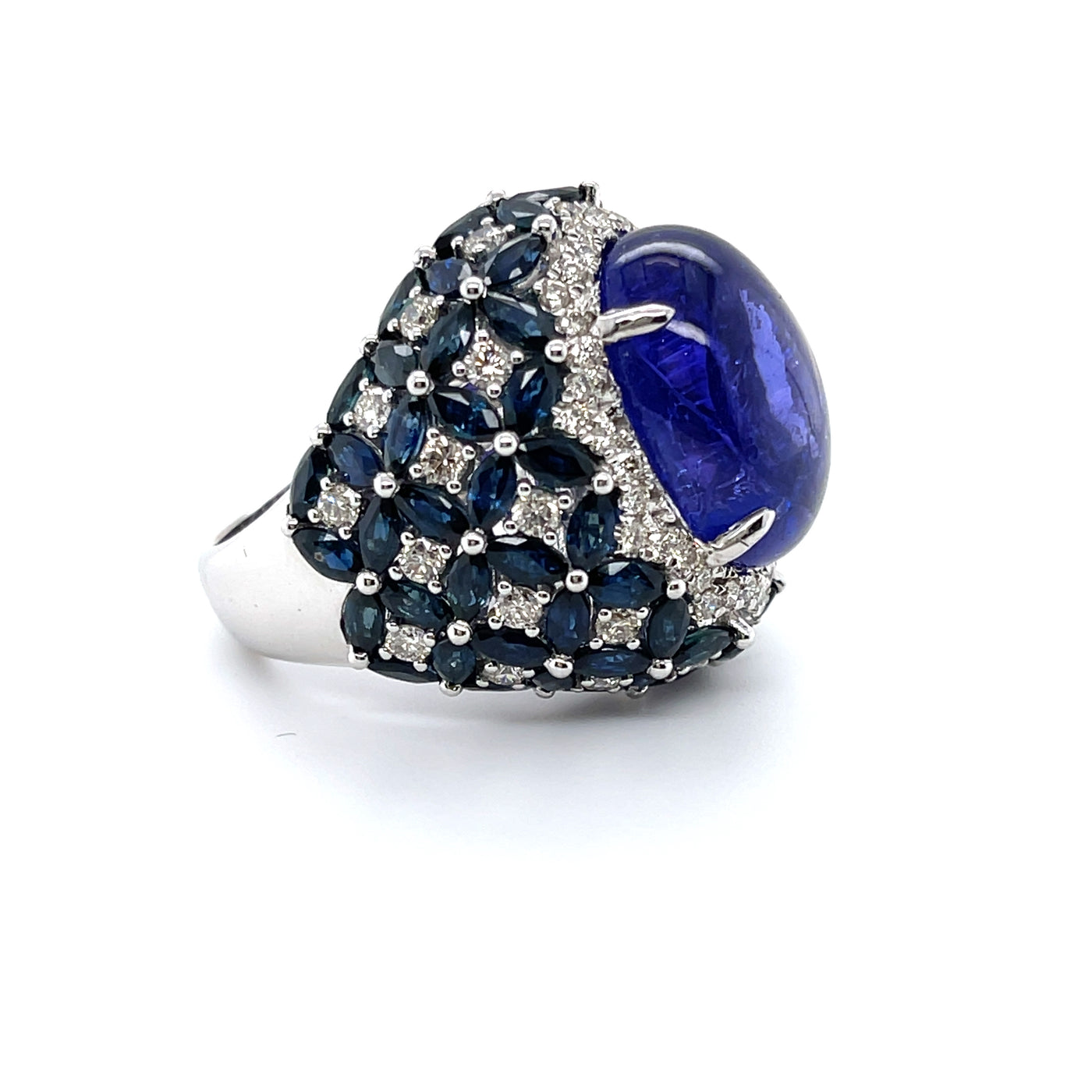 18CT White Gold Tanzanite, Sapphire and Diamond Ring