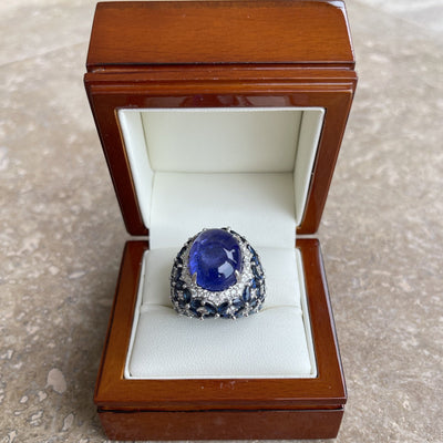 18CT White Gold Tanzanite, Sapphire and Diamond Ring