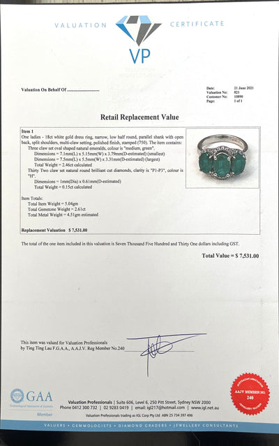 18CT White Gold Trilogy Emerald and Diamond Ring