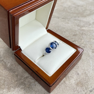 18CT White Gold (NO HEAT) trilogy Burmese Sapphire and Diamond Ring