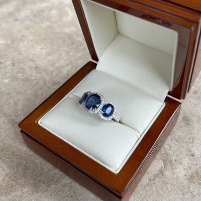 18CT White Gold (NO HEAT) trilogy Burmese Sapphire and Diamond Ring