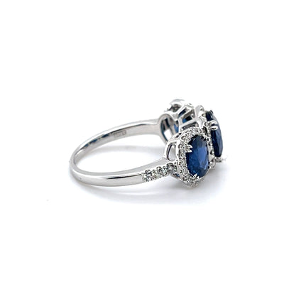 18CT White Gold (NO HEAT) trilogy Burmese Sapphire and Diamond Ring