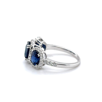 18CT White Gold (NO HEAT) trilogy Burmese Sapphire and Diamond Ring