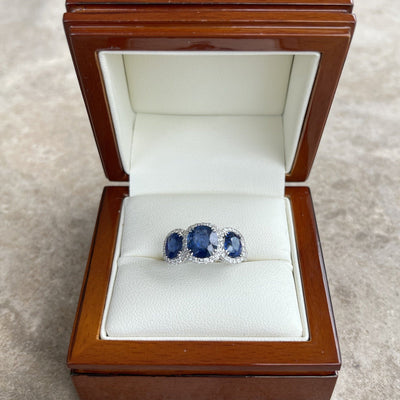 18CT White Gold (NO HEAT) trilogy Burmese Sapphire and Diamond Ring