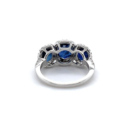 18CT White Gold (NO HEAT) trilogy Burmese Sapphire and Diamond Ring
