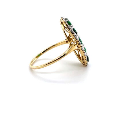 18CT Yellow Gold 5 Stone Emerald and Diamond Navette Dress Ring