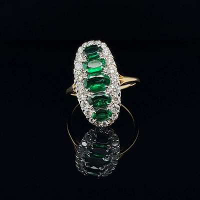 18CT Yellow Gold 5 Stone Emerald and Diamond Navette Dress Ring