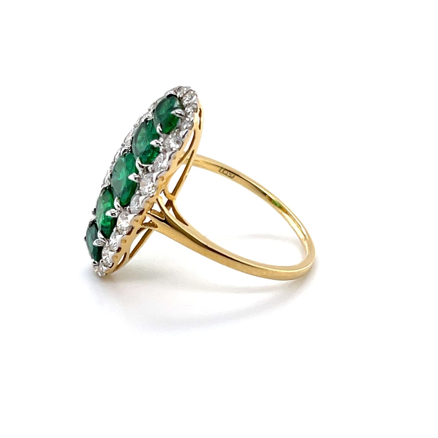 18CT Yellow Gold 5 Stone Emerald and Diamond Navette Dress Ring