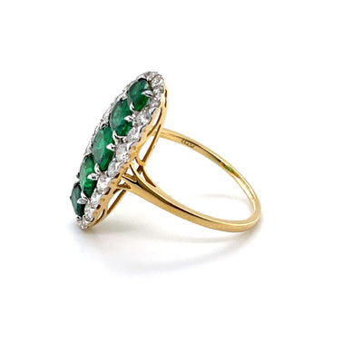 18CT Yellow Gold 5 Stone Emerald and Diamond Navette Dress Ring