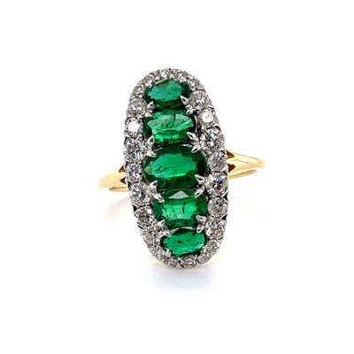 18CT Yellow Gold 5 Stone Emerald and Diamond Navette Dress Ring
