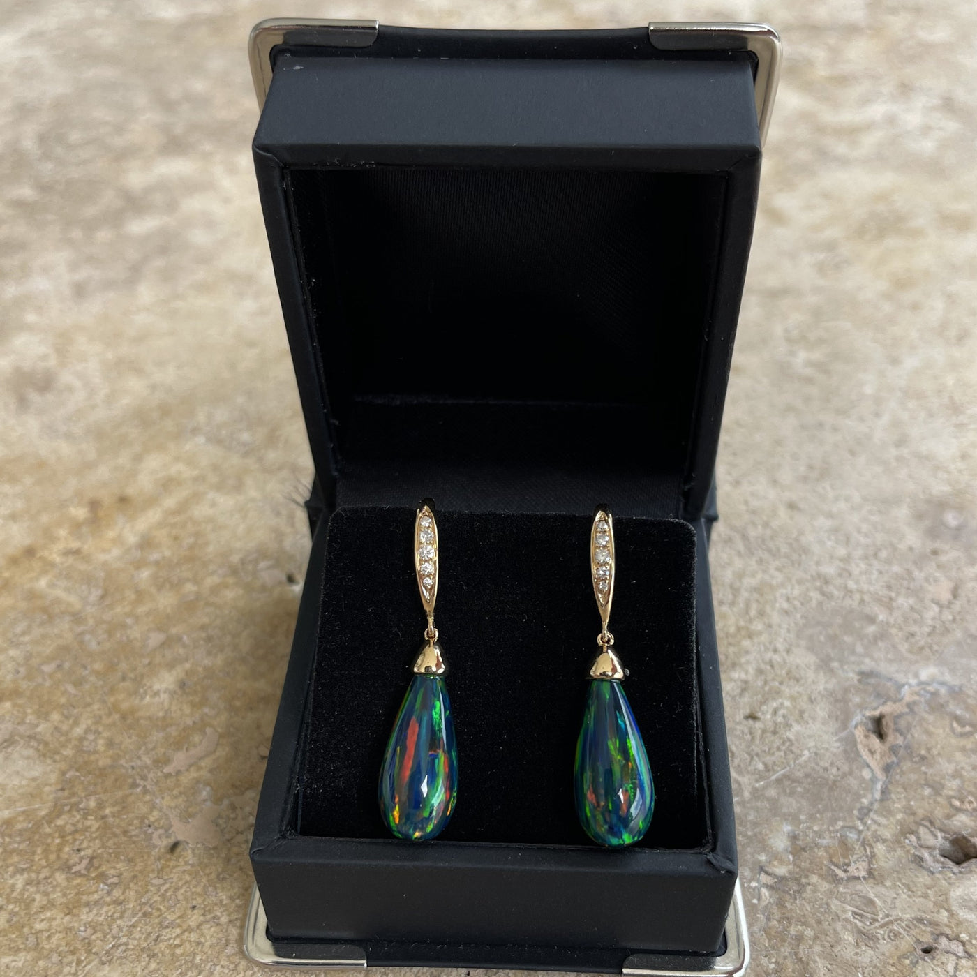 18CT Yellow Gold Black Opal and Diamond Earrings