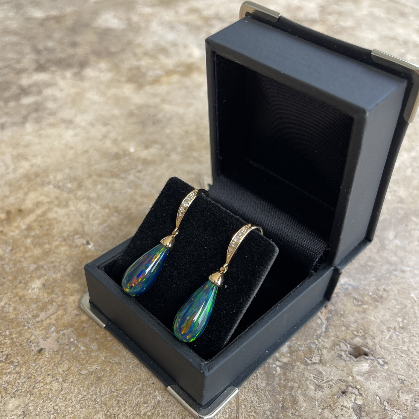 18CT Yellow Gold Black Opal and Diamond Earrings