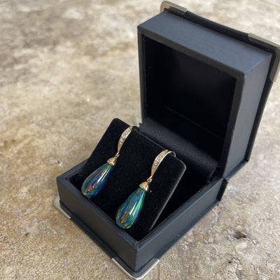 18CT Yellow Gold Black Opal and Diamond Earrings