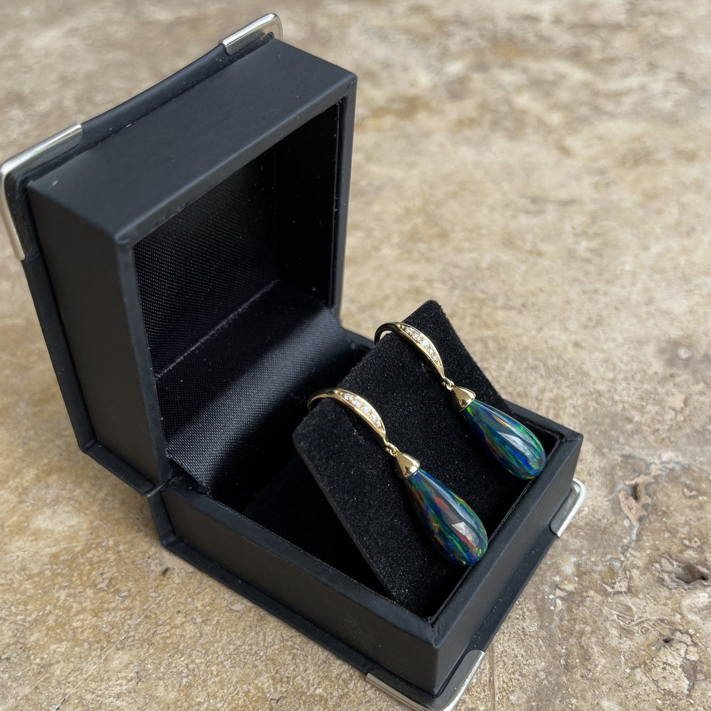 18CT Yellow Gold Black Opal and Diamond Earrings