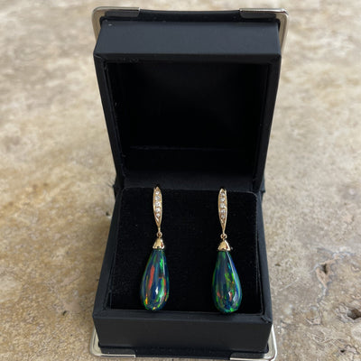 18CT Yellow Gold Black Opal and Diamond Earrings