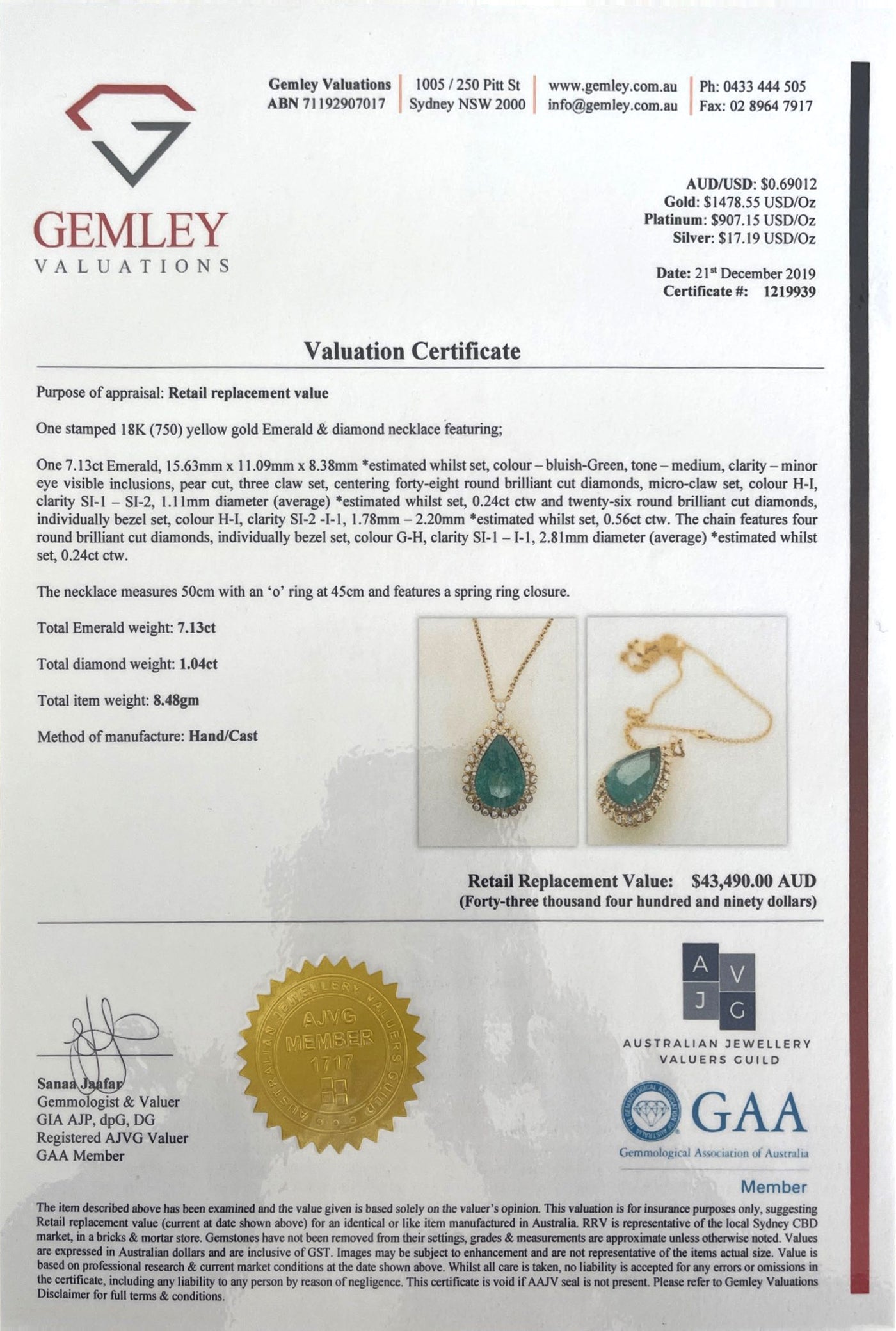 18CT Yellow Gold Colombian Emerald and Diamond Necklace