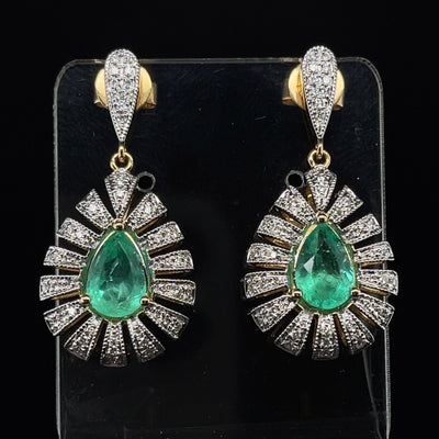 18CT Yellow Gold Emerald and Diamond Drop Stud Earrings