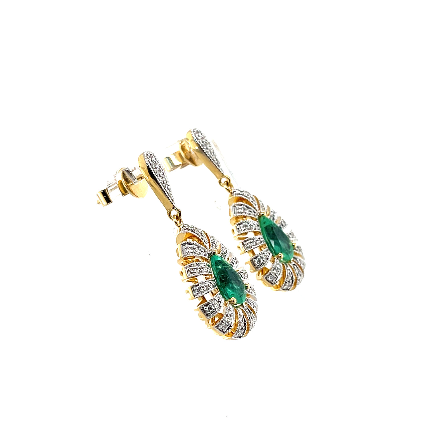 18CT Yellow Gold Emerald and Diamond Drop Stud Earrings