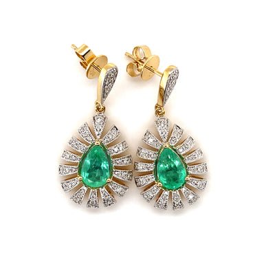 18CT Yellow Gold Emerald and Diamond Drop Stud Earrings