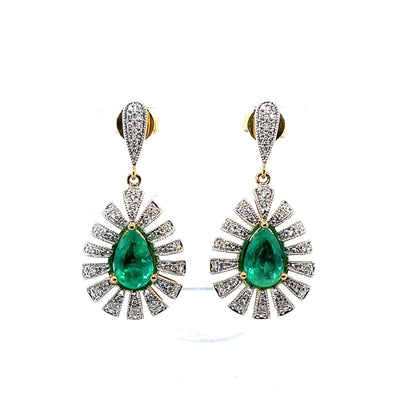 18CT Yellow Gold Emerald and Diamond Drop Stud Earrings