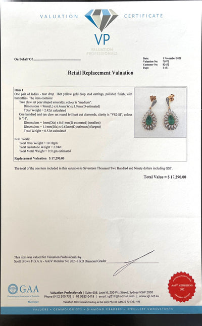 18CT Yellow Gold Emerald and Diamond Drop Stud Earrings