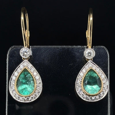 18CT Yellow Gold Pear Cut Colombian Emerald and Diamond Earrings