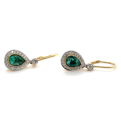 18CT Yellow Gold Pear Cut Colombian Emerald and Diamond Earrings