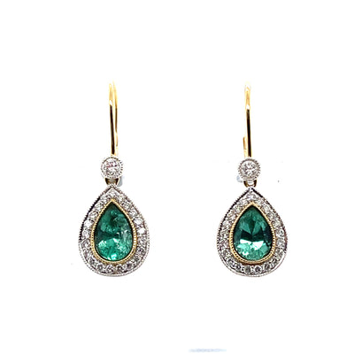 18CT Yellow Gold Pear Cut Colombian Emerald and Diamond Earrings