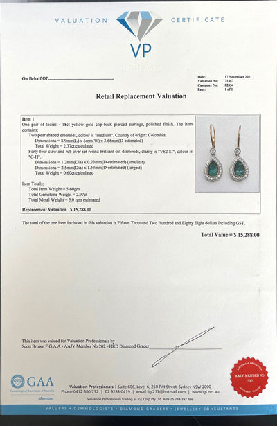 18CT Yellow Gold Pear Cut Colombian Emerald and Diamond Earrings