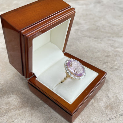 18CT Yellow Gold Pink Violet Kunzite Spodumene and Diamond ring