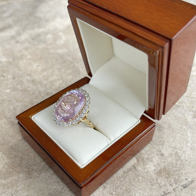 18CT Yellow Gold Pink Violet Kunzite Spodumene and Diamond ring