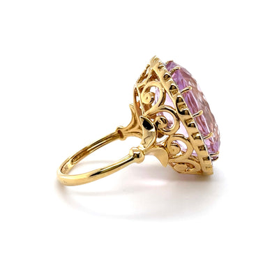 18CT Yellow Gold Pink Violet Kunzite Spodumene and Diamond ring