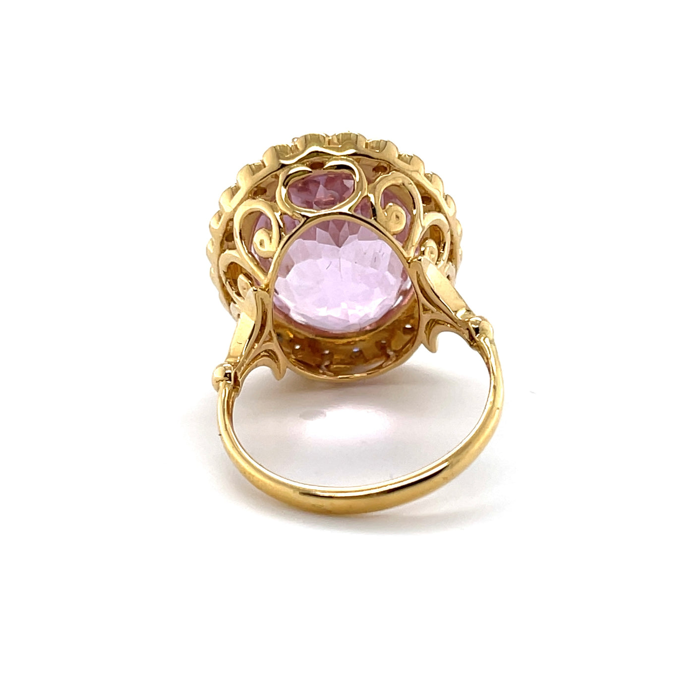 18CT Yellow Gold Pink Violet Kunzite Spodumene and Diamond ring