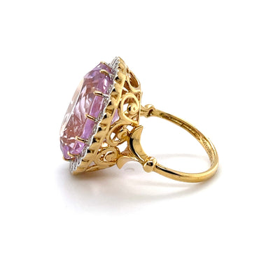 18CT Yellow Gold Pink Violet Kunzite Spodumene and Diamond ring