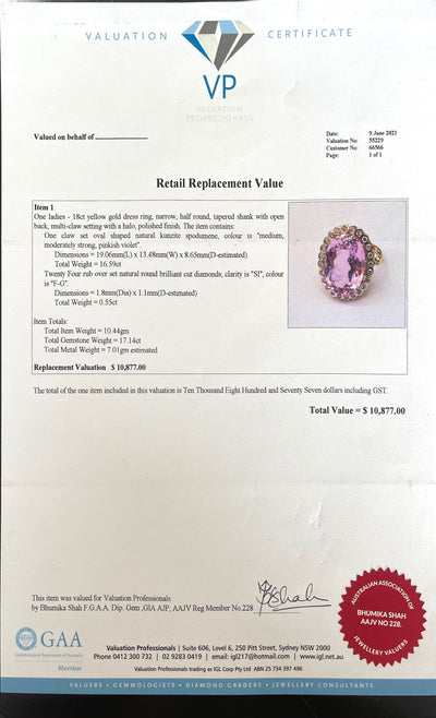 18CT Yellow Gold Pink Violet Kunzite Spodumene and Diamond ring