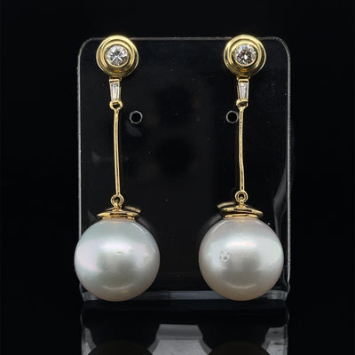 18CT Yellow Gold South Sea Pearl and Diamond Drop Earrings