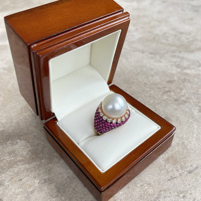 18CT Rose Gold South Sea Pearl, Ruby and Diamond Ring