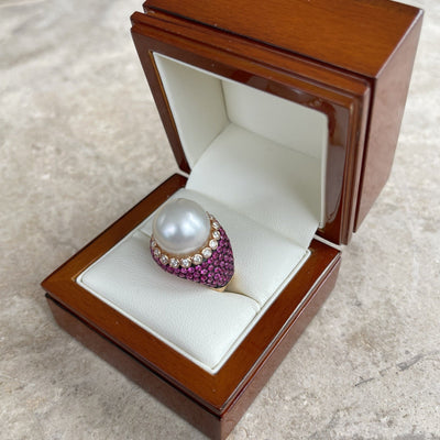 18CT Rose Gold South Sea Pearl, Ruby and Diamond Ring