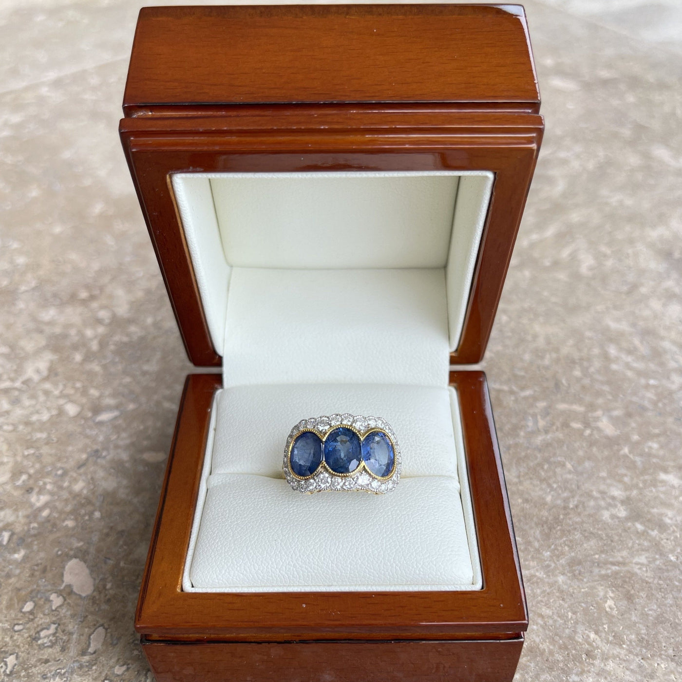 18CT Yellow Gold Trilogy Blue Sapphire and Diamond Ring