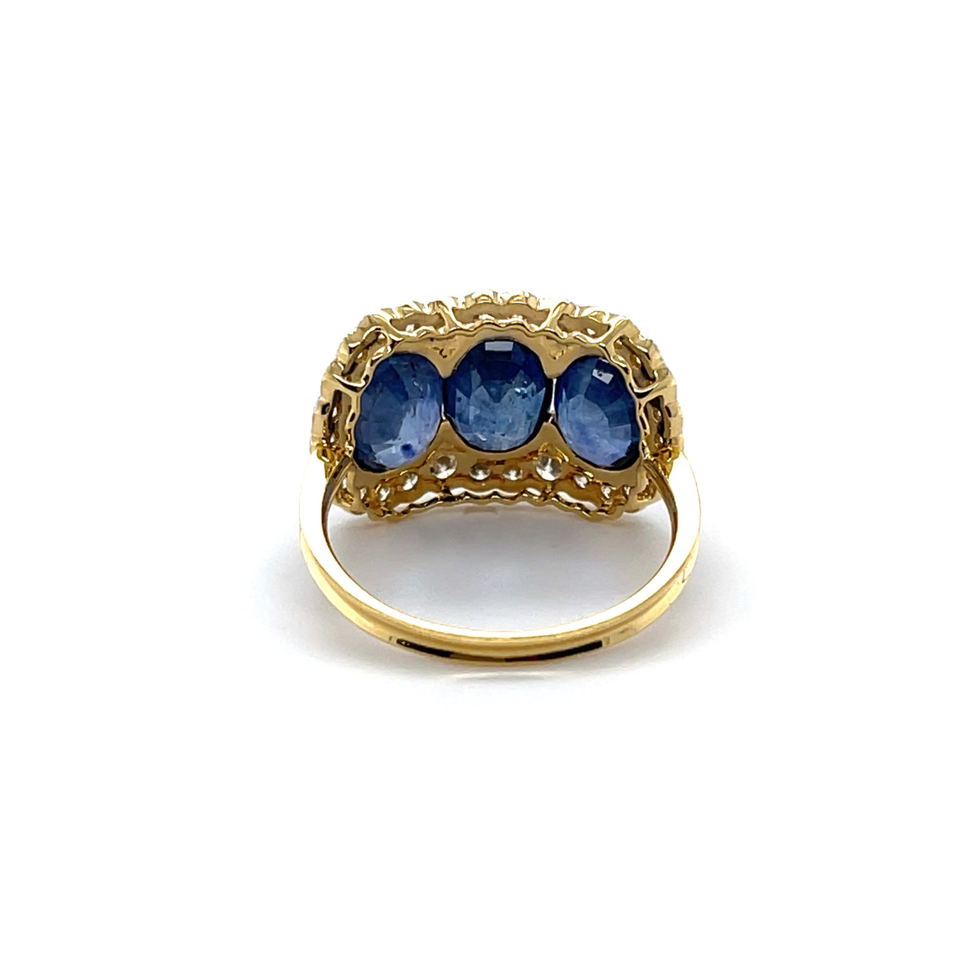 18CT Yellow Gold Trilogy Blue Sapphire and Diamond Ring