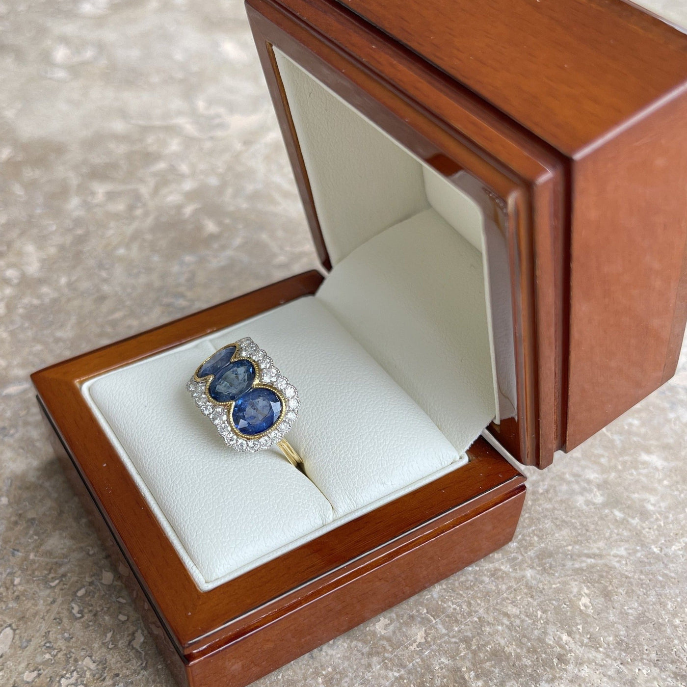18CT Yellow Gold Trilogy Blue Sapphire and Diamond Ring
