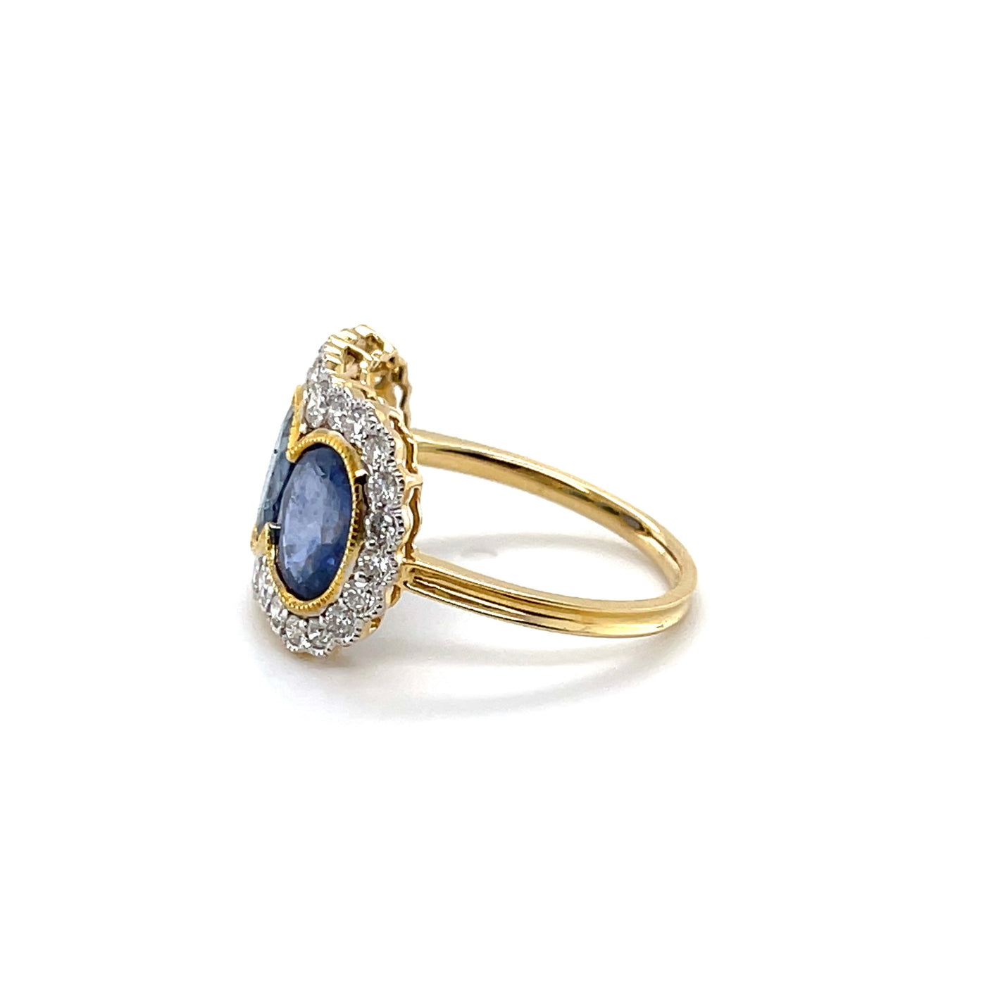 18CT Yellow Gold Trilogy Blue Sapphire and Diamond Ring