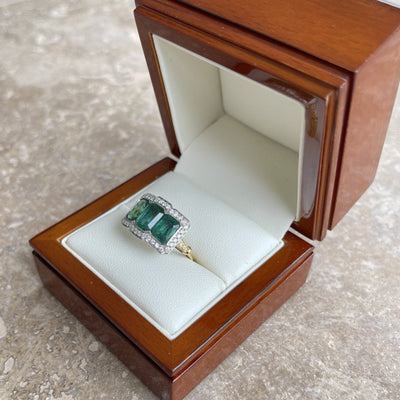 18CT Yellow Gold Trilogy Emerald and Diamond Ring