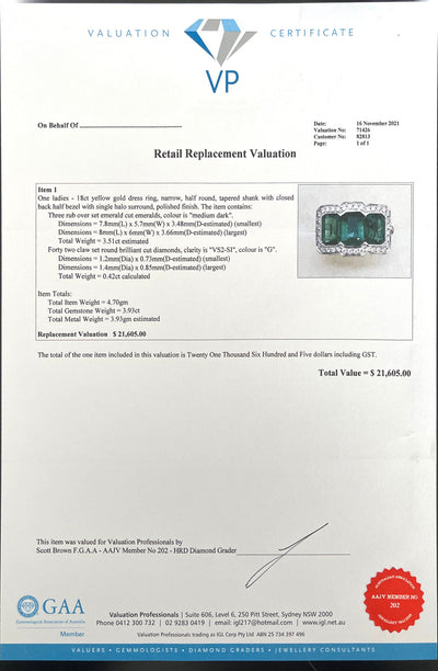 18CT Yellow Gold Trilogy Emerald and Diamond Ring