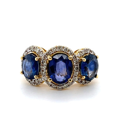 18CT Yellow Gold Trilogy Sapphire and Diamond Ring