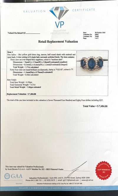 18CT Yellow Gold Trilogy Sapphire and Diamond Ring