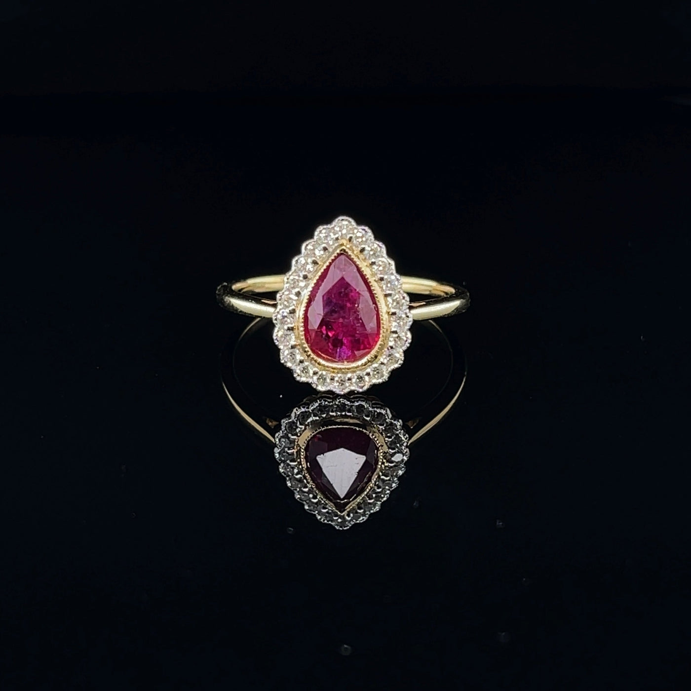 18CT Yellow Gold (NO HEAT) Pear Ruby and Diamond ring