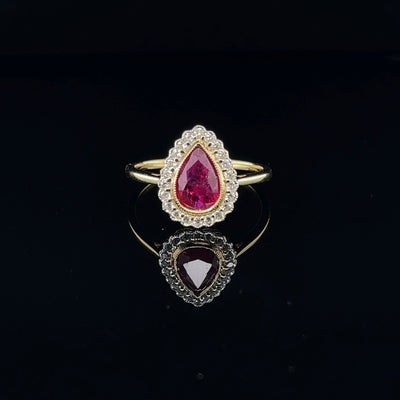 18CT Yellow Gold (NO HEAT) Pear Ruby and Diamond ring